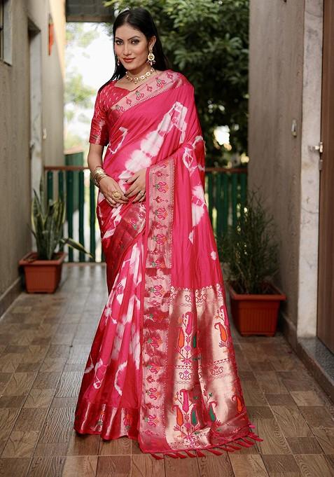 Pink Tie And Dye Zari Pure Silk Saree Set