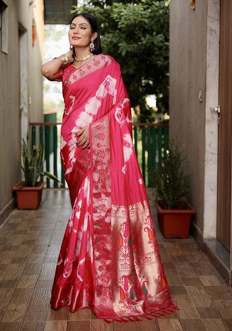 Pink Tie And Dye Zari Pure Silk Saree Set