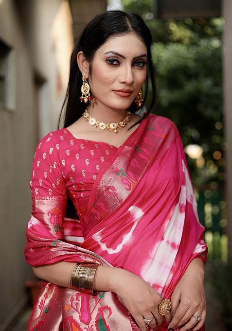 Pink Tie And Dye Zari Pure Silk Saree Set