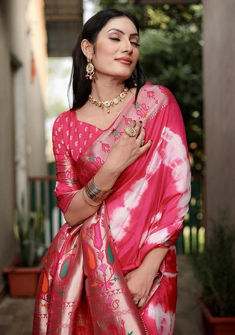 Pink Tie And Dye Zari Pure Silk Saree Set