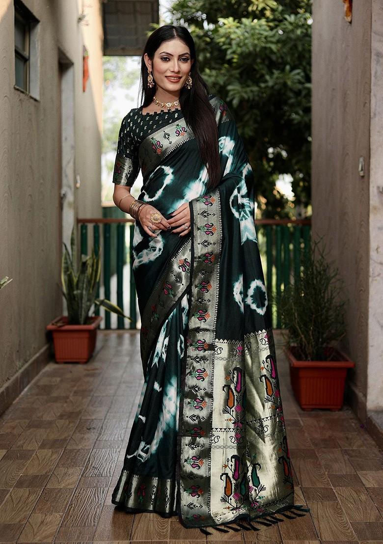 Green Tie And Dye Zari Pure Silk Saree Set - Indya