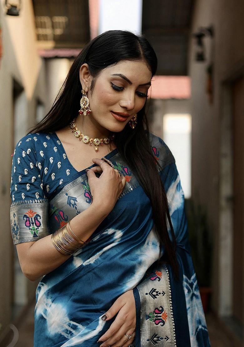 Teal Tie And Dye Zari Pure Silk Saree Set