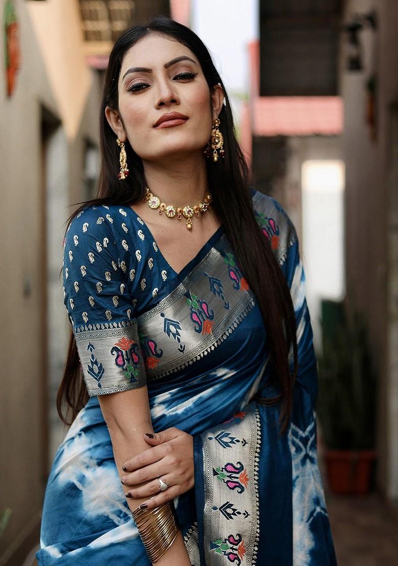 Teal Tie And Dye Zari Pure Silk Saree Set