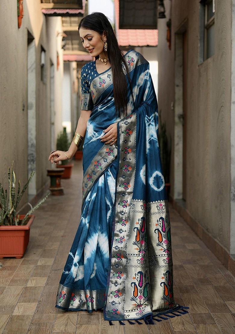 Teal Tie And Dye Zari Pure Silk Saree Set