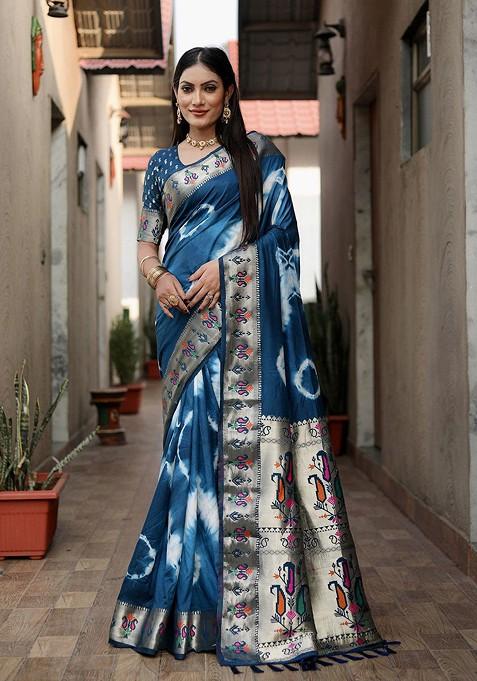 Teal Tie And Dye Zari Pure Silk Saree Set