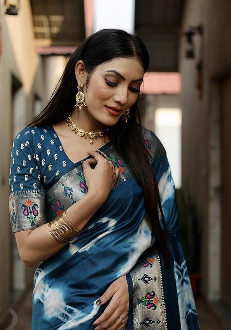 Teal Tie And Dye Zari Pure Silk Saree Set