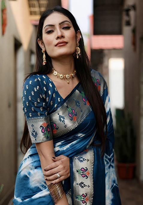 Teal Tie And Dye Zari Pure Silk Saree Set