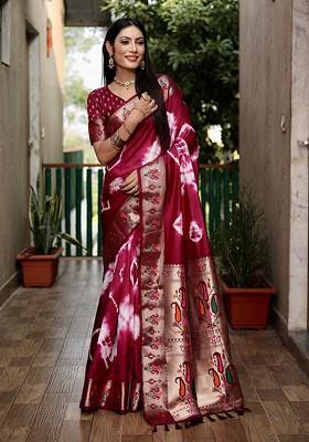 Purple Tie And Dye Zari Pure Silk Saree Set