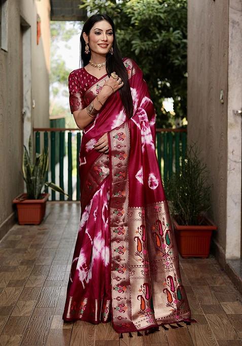 Purple Tie And Dye Zari Pure Silk Saree Set