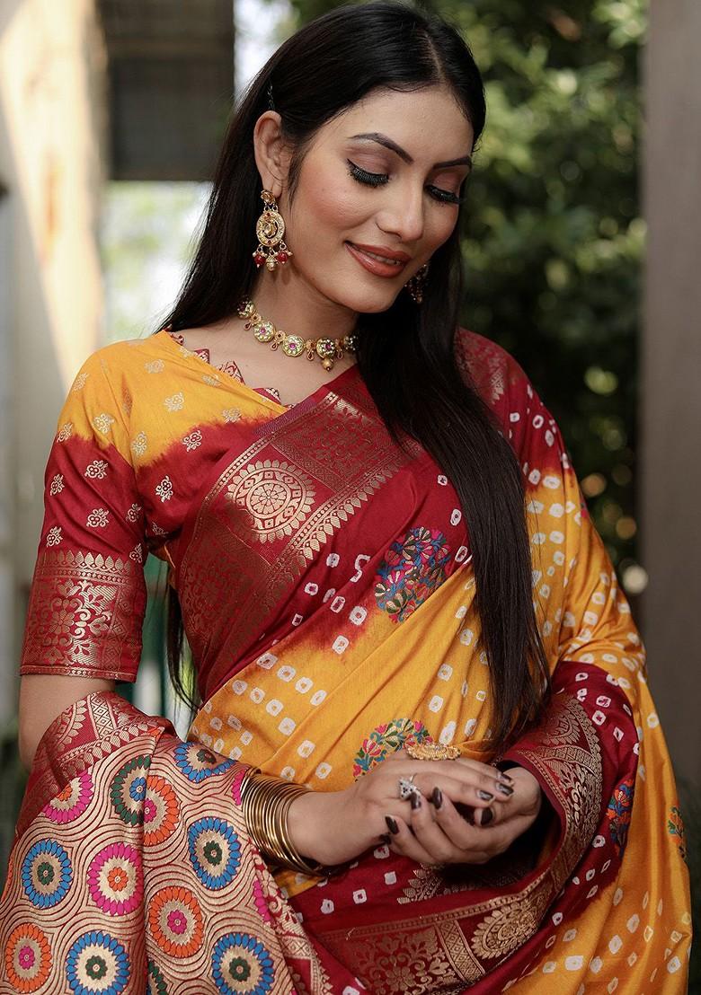 Mustard Zari Pure Silk Bandhani Saree Set