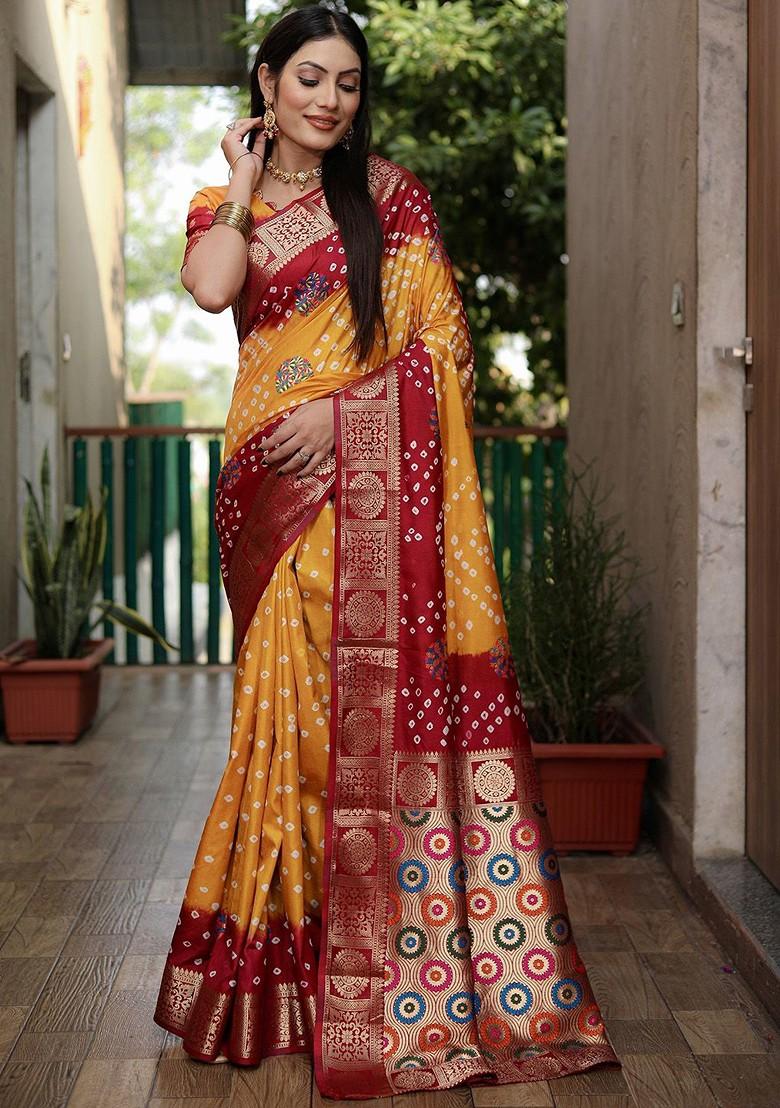 Mustard Zari Pure Silk Bandhani Saree Set