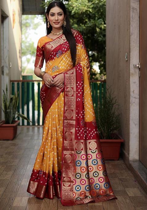 Mustard Zari Pure Silk Bandhani Saree Set