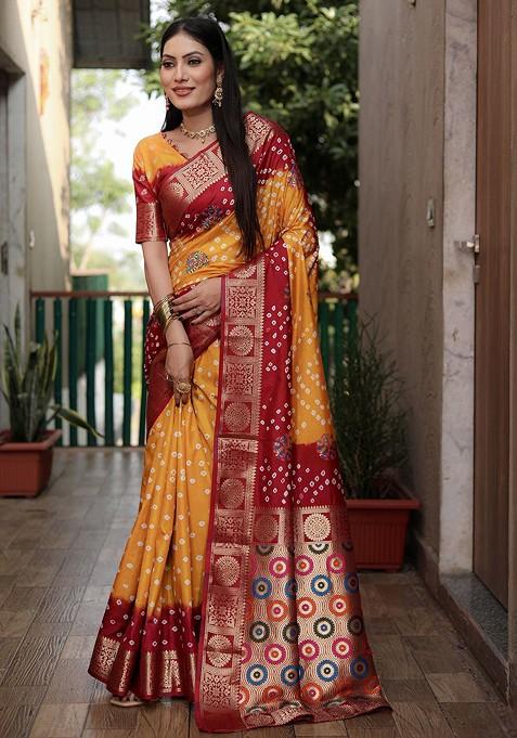 Mustard Zari Pure Silk Bandhani Saree Set