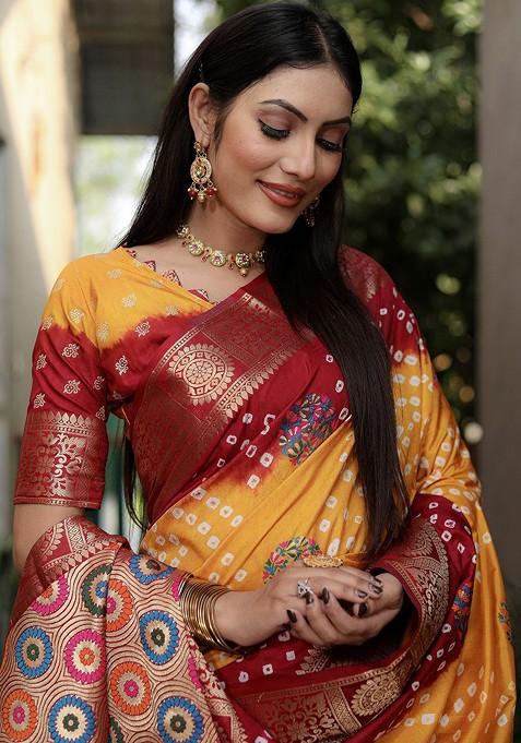 Mustard Zari Pure Silk Bandhani Saree Set