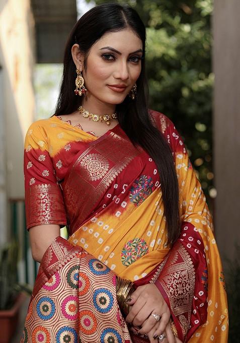 Mustard Zari Pure Silk Bandhani Saree Set