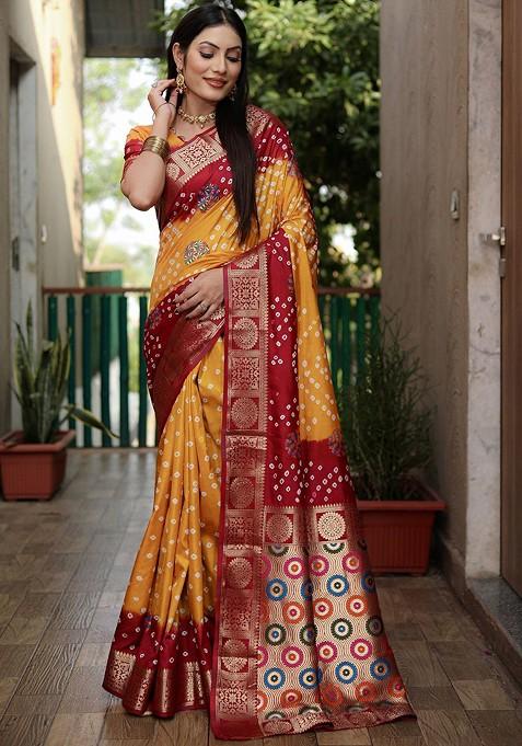 Mustard Zari Pure Silk Bandhani Saree Set