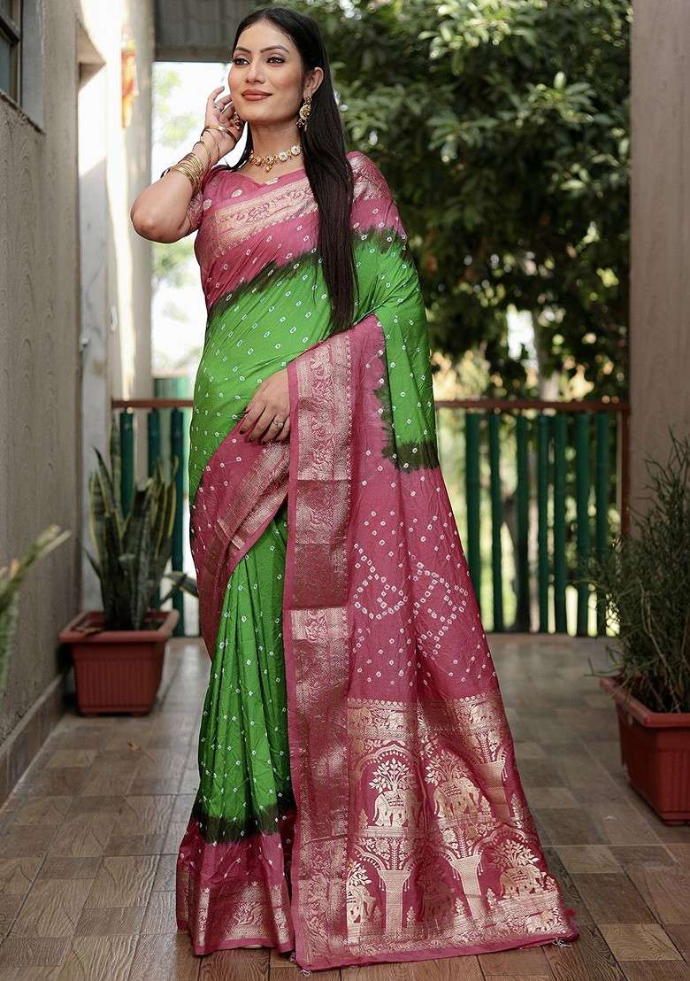 Sea Green Zari Pure Silk Bandhani Saree Set for Diwali and Festive Wear - Indya