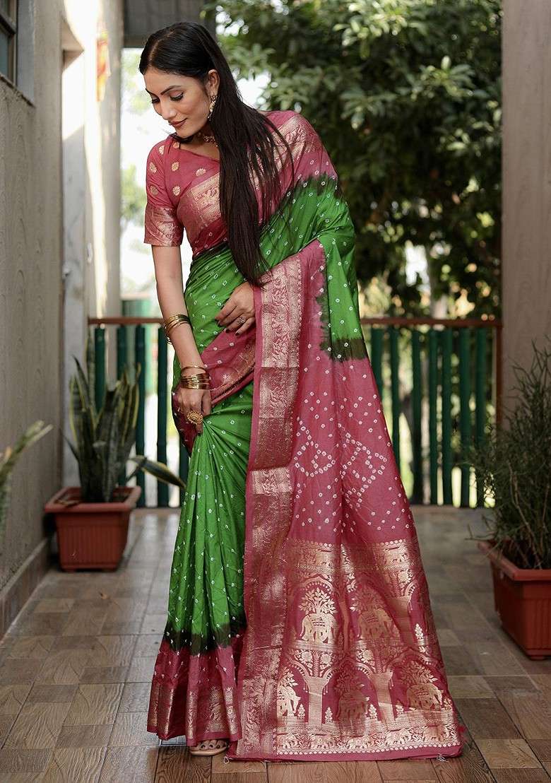 Sea Green Zari Pure Silk Bandhani Saree Set for Diwali and Festive Wear - Indya
