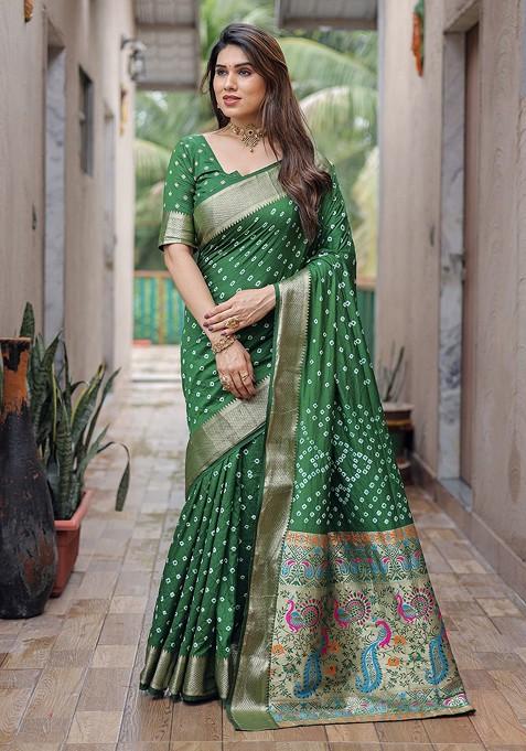 Green Zari Pure Silk Bandhani Saree Set