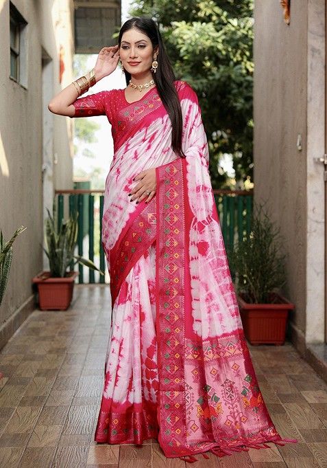 Pink Tie And Dye Zari Pure Silk Saree Set