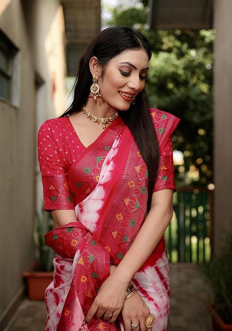 Pink Tie And Dye Zari Pure Silk Saree Set