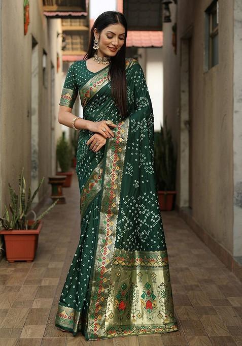 Green Bandhani Zari Pure Silk Saree Set