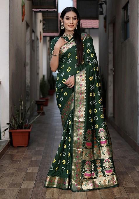 Green Zari Pure Silk Bandhani Saree Set