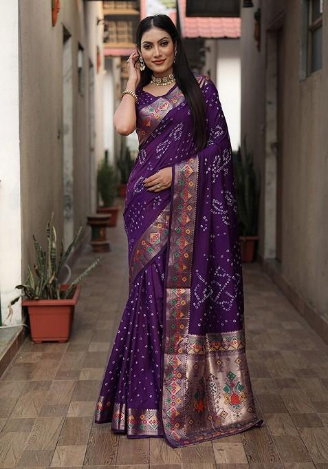 Purple Bandhani Zari Pure Silk Saree Set