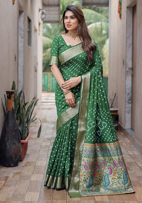 Green Zari Pure Silk Bandhani Saree Set