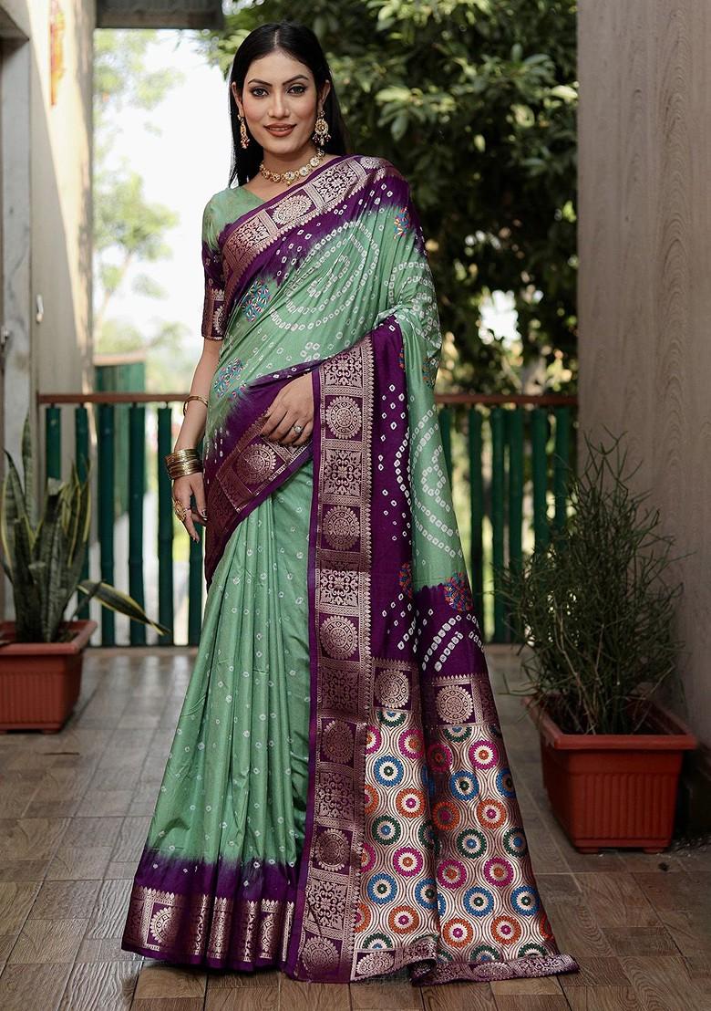 Fluorescent Green Zari Pure Silk Bandhani Saree Set - Indya