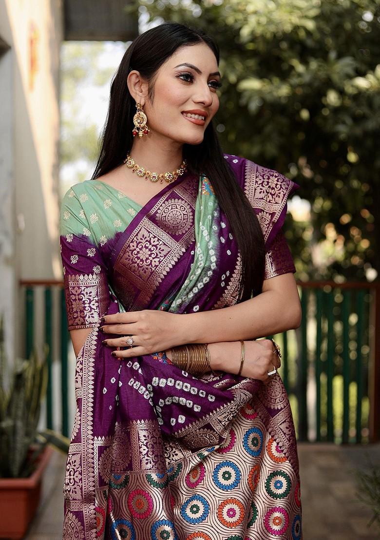 Fluorescent Green Zari Pure Silk Bandhani Saree Set - Indya