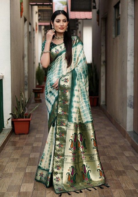 White Tie And Dye Zari Pure Silk Saree Set