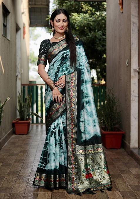 Green Tie And Dye Zari Pure Silk Saree Set