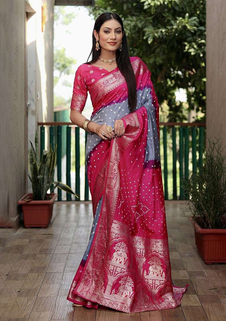 Grey Zari Pure Silk Bandhani Saree Set for Diwali | Wedding & Festive Wear - Indya