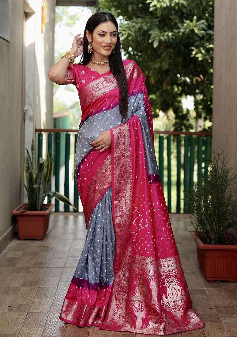 Grey Zari Pure Silk Bandhani Saree Set for Diwali | Wedding & Festive Wear - Indya