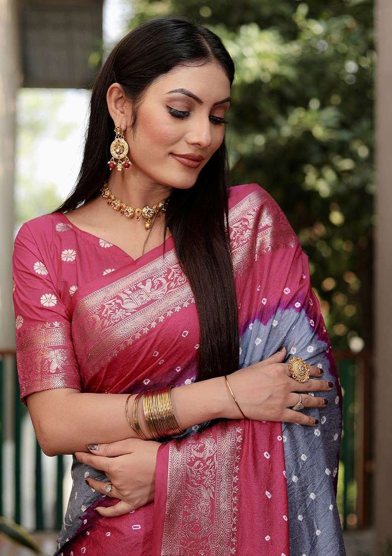 Grey Zari Pure Silk Bandhani Saree Set for Diwali | Wedding & Festive Wear - Indya
