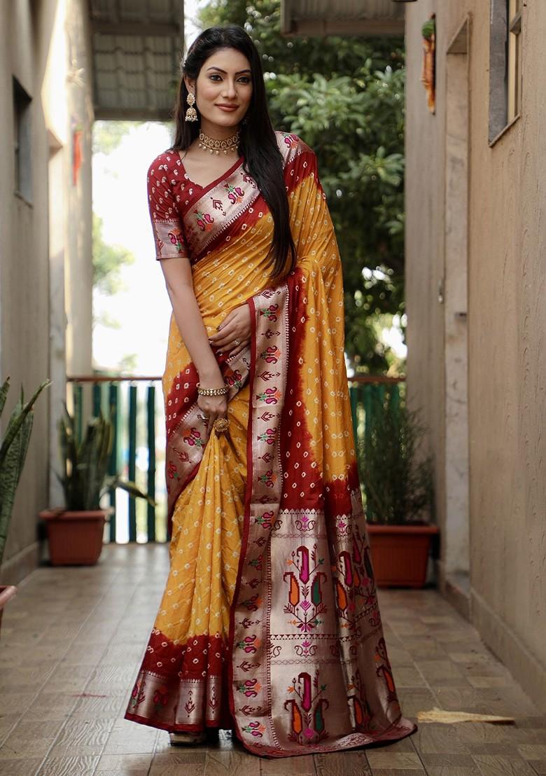 Yellow Zari Pure Silk Bandhani Saree Set