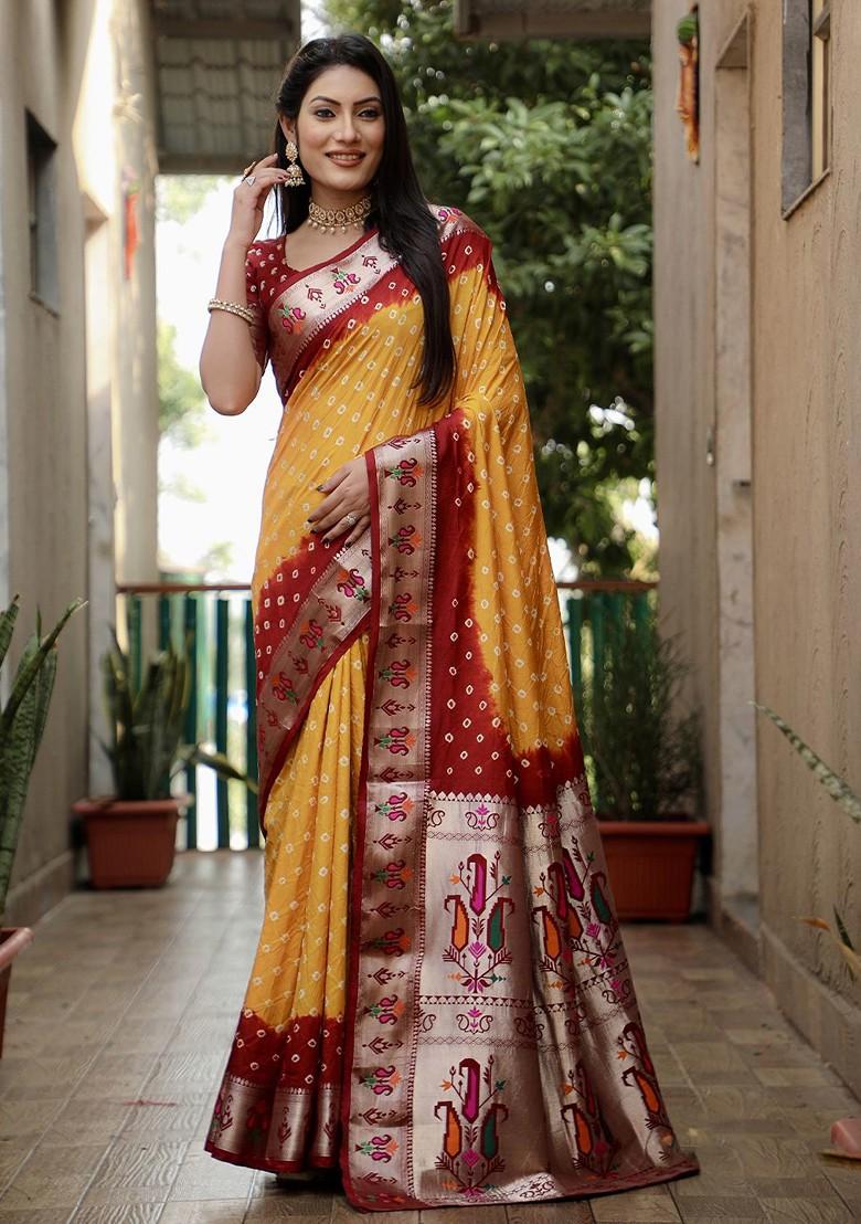 Yellow Zari Pure Silk Bandhani Saree Set