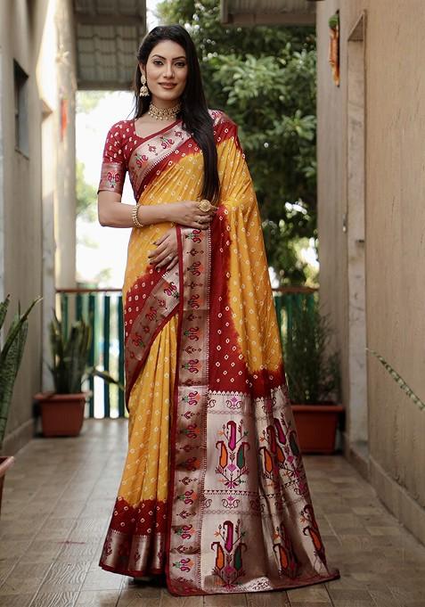 Yellow Zari Pure Silk Bandhani Saree Set