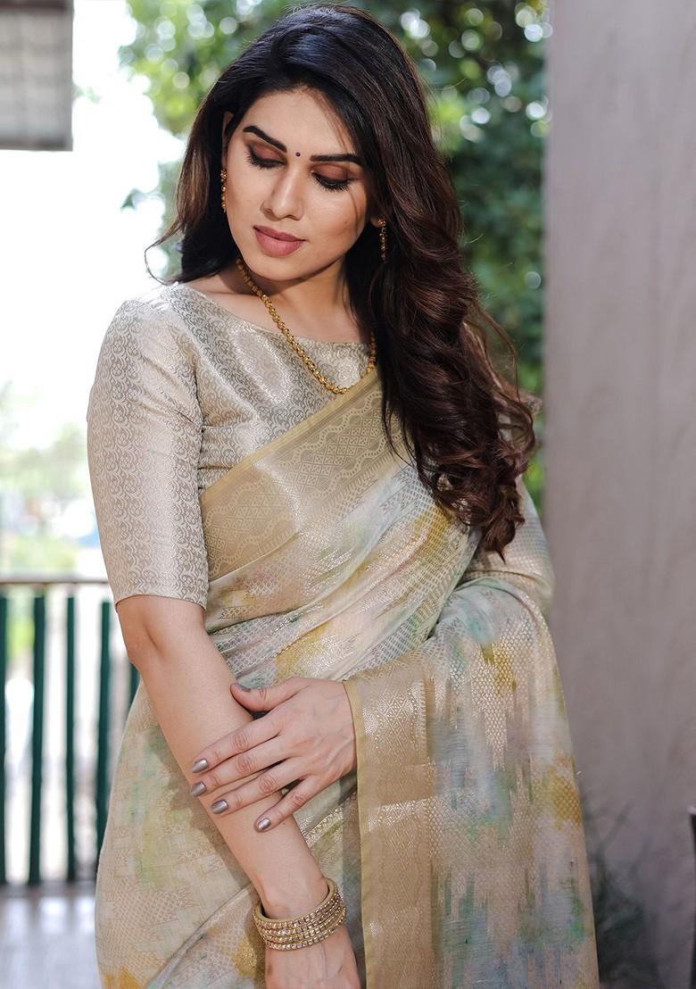 Cream Tie And Dye Zari Pure Silk Saree Set