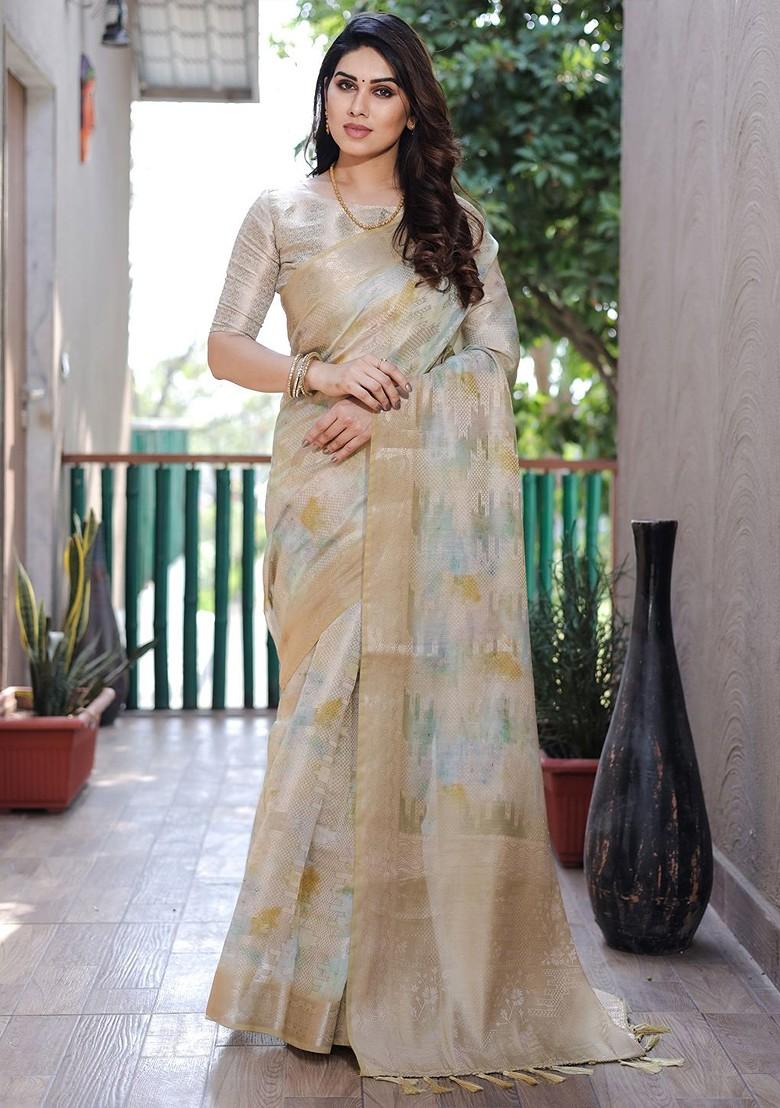 Cream Tie And Dye Zari Pure Silk Saree Set