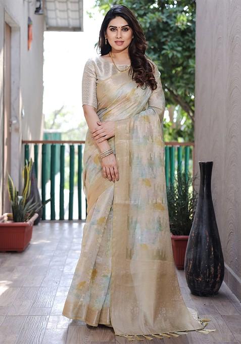 Cream Tie And Dye Zari Pure Silk Saree Set