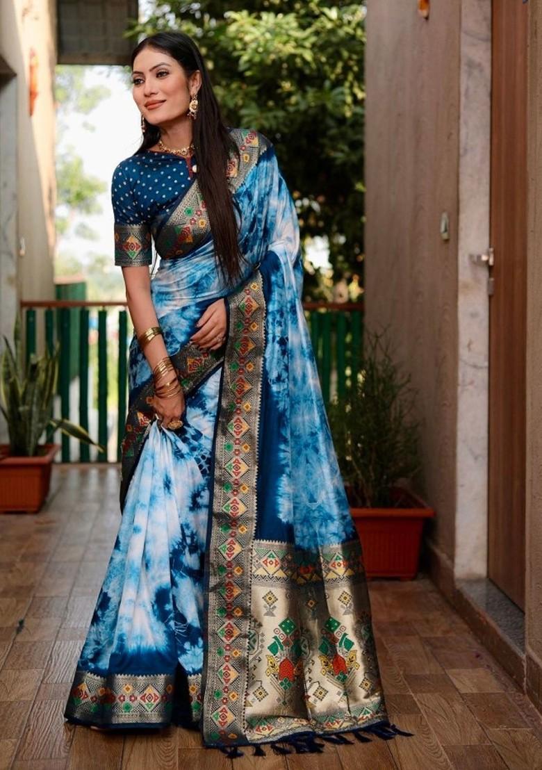 Blue Tie And Dye Zari Pure Silk Saree Set - Indya