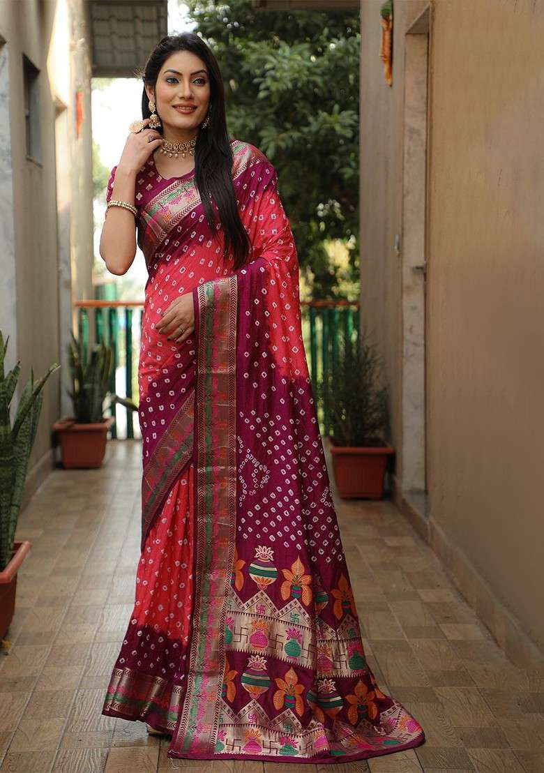 Pink Zari Pure Silk Bandhani Saree Set for Diwali and Festive Wear - Indya
