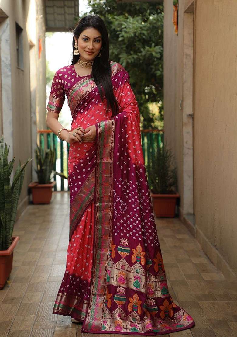 Pink Zari Pure Silk Bandhani Saree Set for Diwali and Festive Wear - Indya