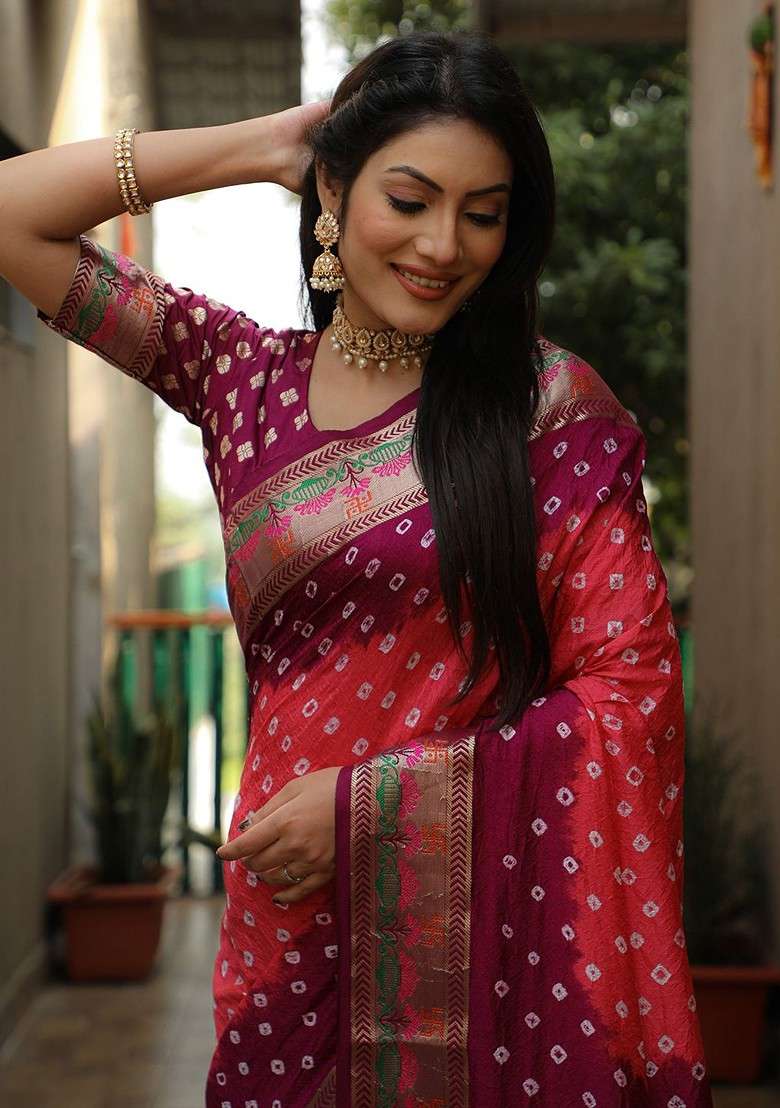 Pink Zari Pure Silk Bandhani Saree Set for Diwali and Festive Wear - Indya