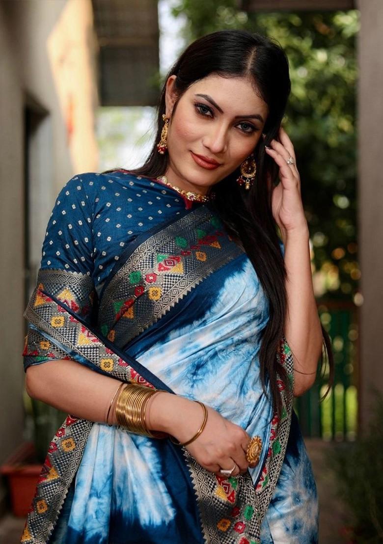 Teal Tie And Dye Zari Pure Silk Saree Set