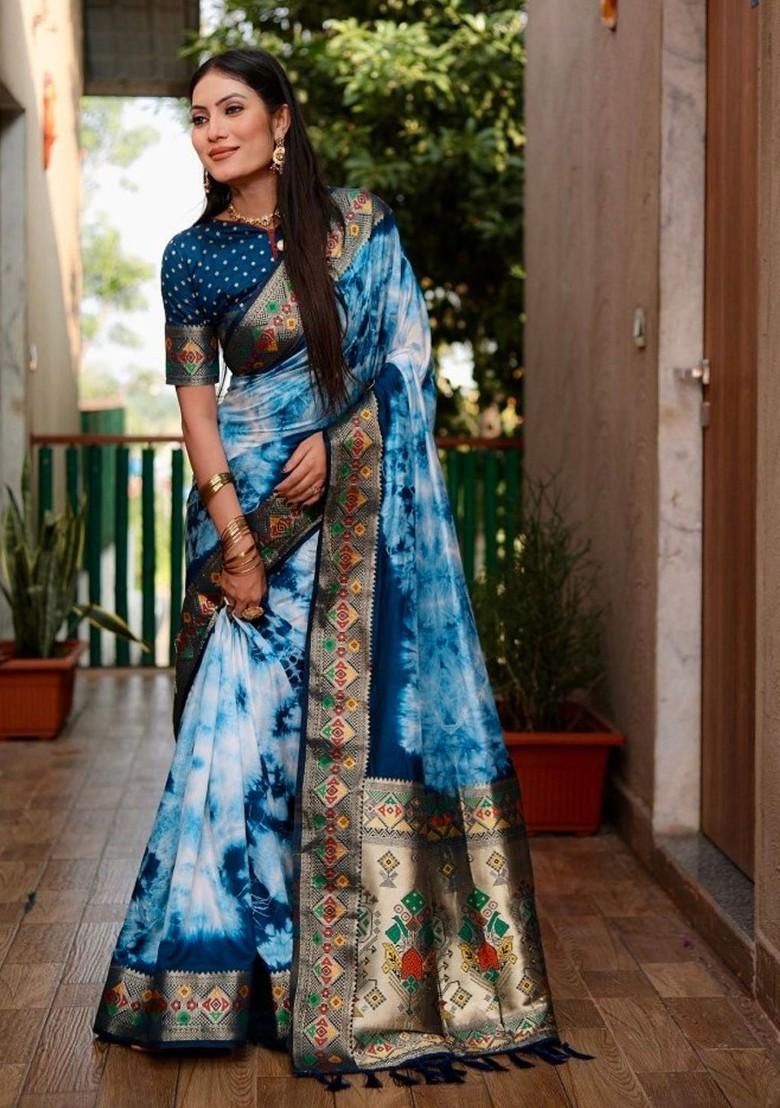 Teal Tie And Dye Zari Pure Silk Saree Set