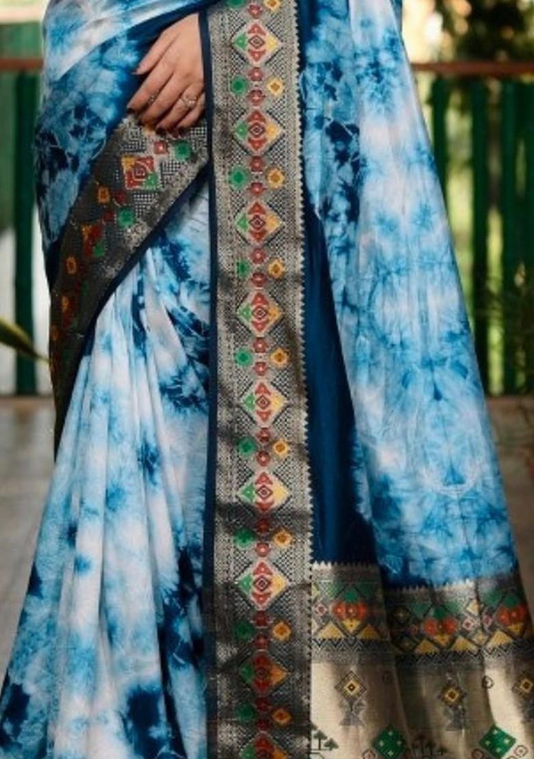Teal Tie And Dye Zari Pure Silk Saree Set