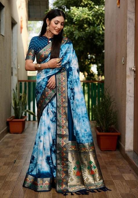 Teal Tie And Dye Zari Pure Silk Saree Set